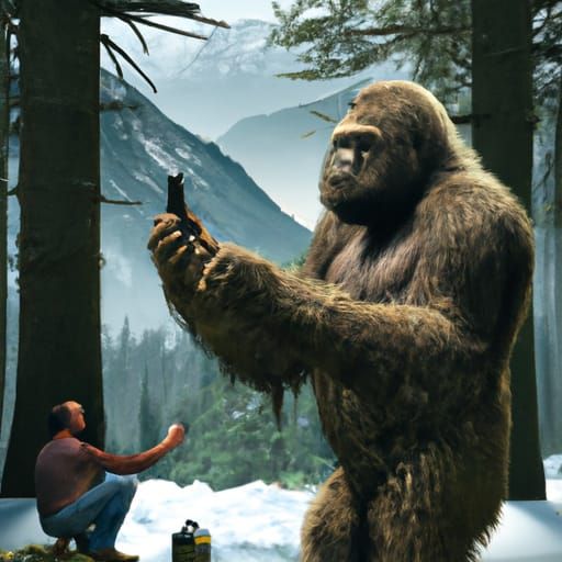 bigfoot sasquatch taking a selfie in the woods
