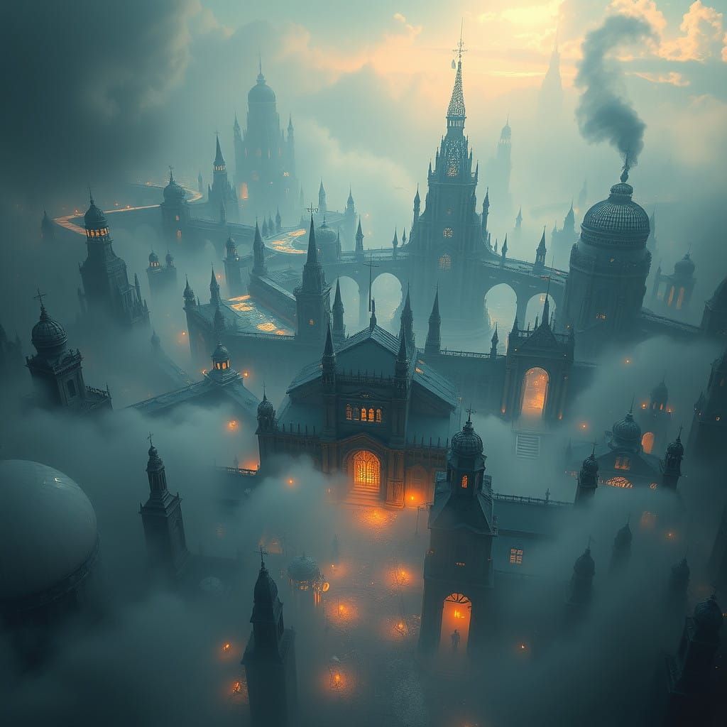 Surreal Metropolis of Eternal Haze in Eerie Grieftopia