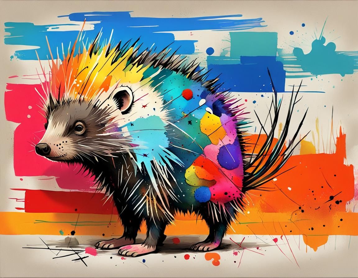 Colorful Whimsical Porcupine Illustration in Impasto Style