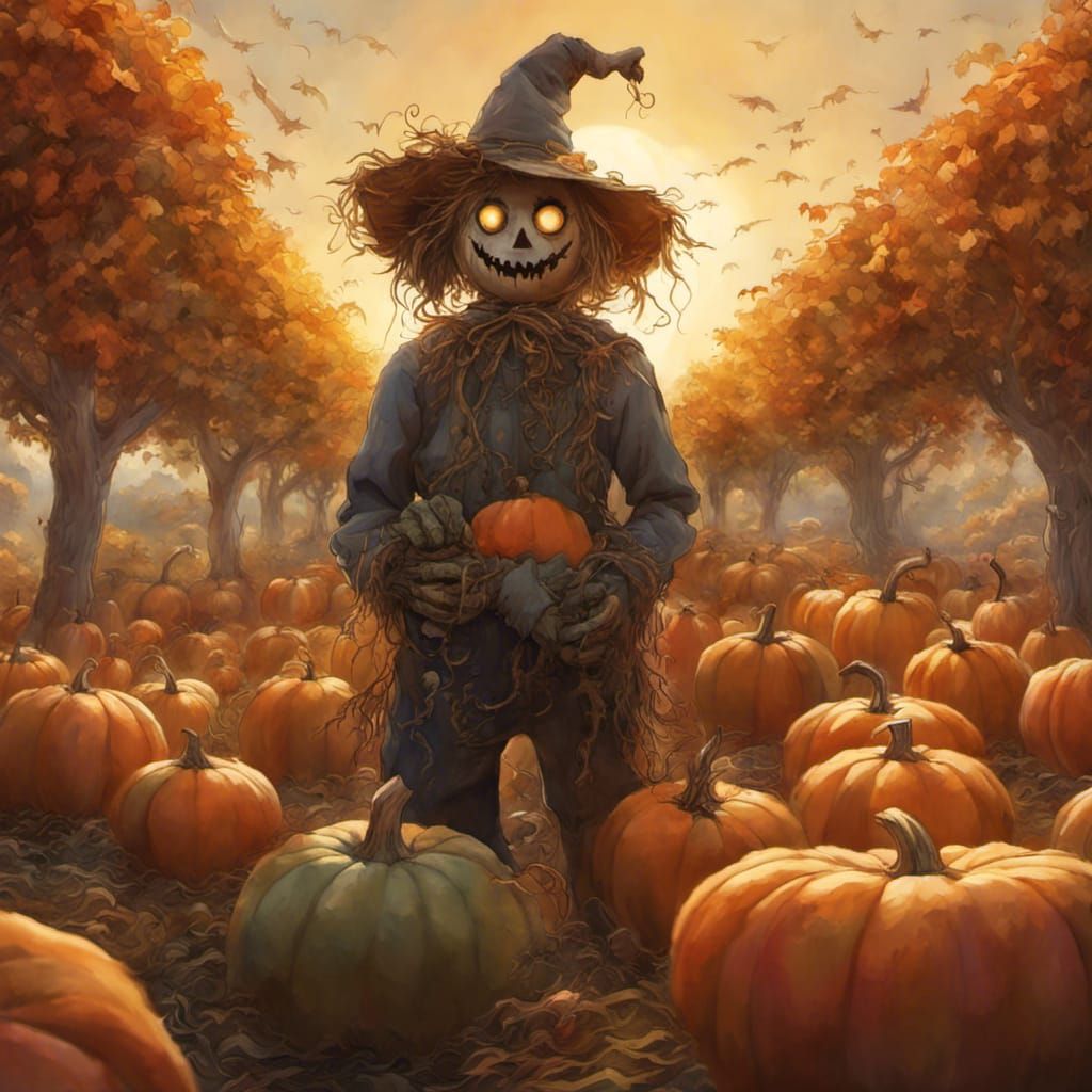 Scarecrow in Pumpkin Patch at Sunrise