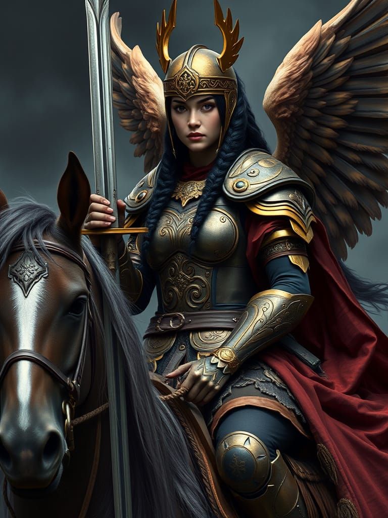 Regal Viking Warrior on Majestic Horse, Realistic Painting i...