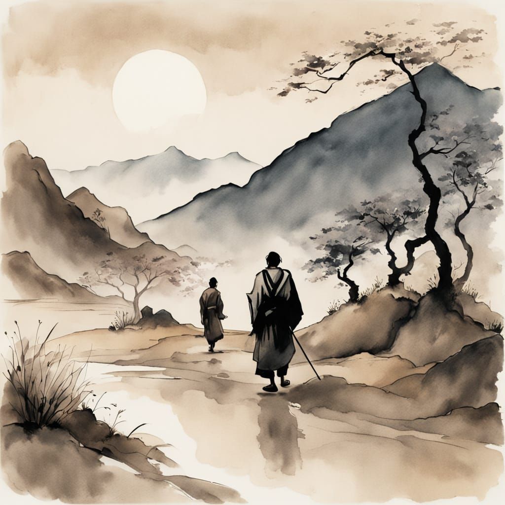 Good Samaritan as Sumi-e Ink and Watercolor Painting