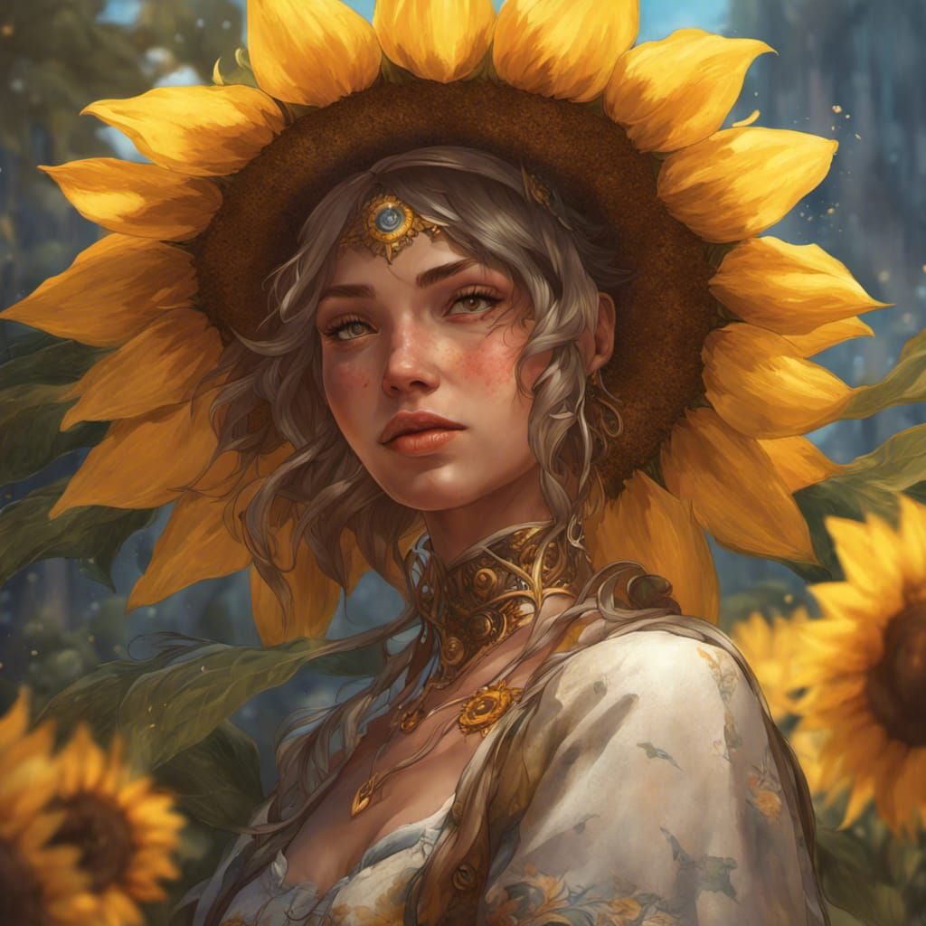 Romantic Sunflower Girl Portrait in Hyperdetailed Style