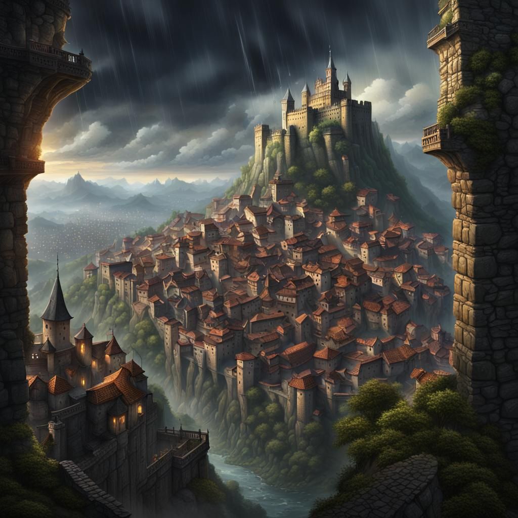 Majestic Medieval City Ascending Mountain, Dark Fantasy Art
