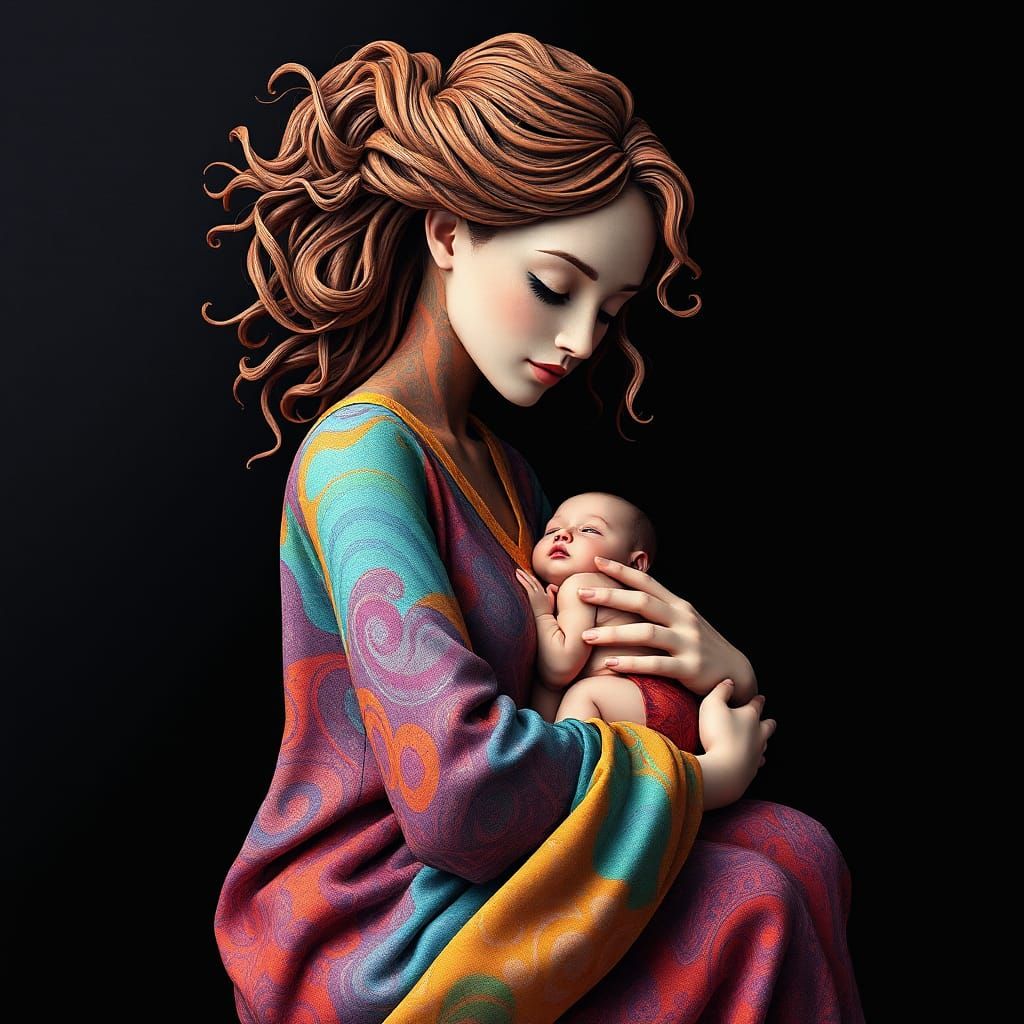 Fractal Mother and Child Portrait in Abstract 3D
