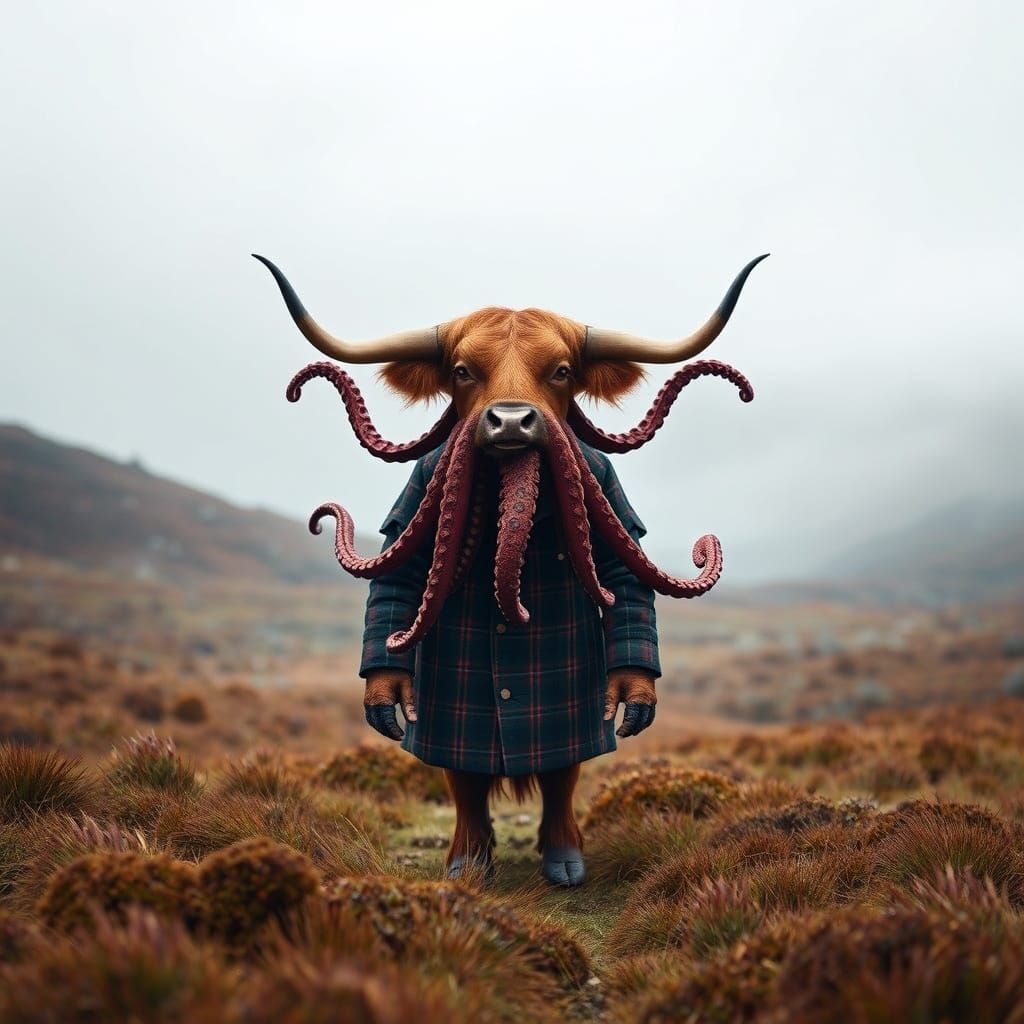 Scottish Moor: Highland Cow Octopus Hybrid Art