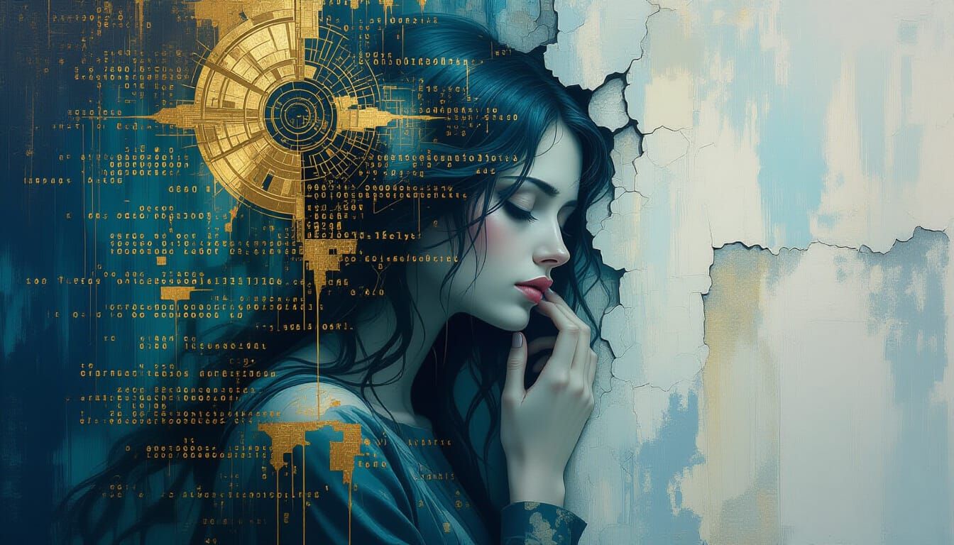 Melancholic Figure Dissolving into Wall in Byzantine-Industr...