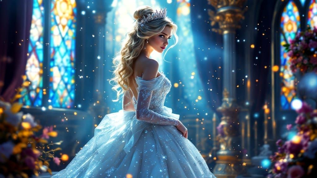 Ethereal Princess Cinderella in Enchanted Moonlit Gown