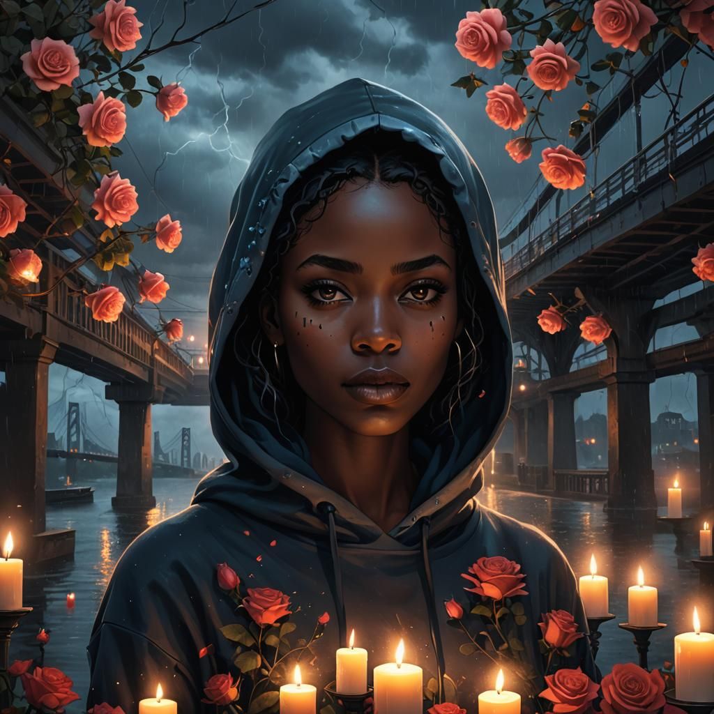 Gothic Portrait: Girl in Hoodie Under Stormy Bridge