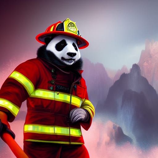 Panda Firefighter in Detailed Matte Painting
