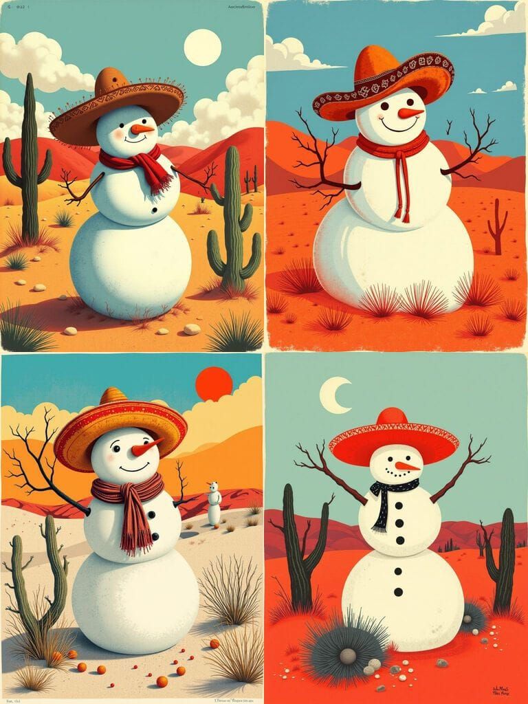 Snowman in Mexican Desert with Sombrero and Camera