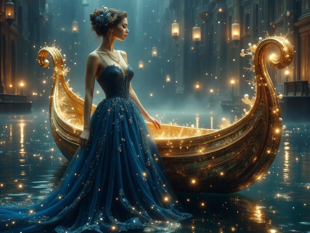 Princess and Ornate Boat in Misty Harbor