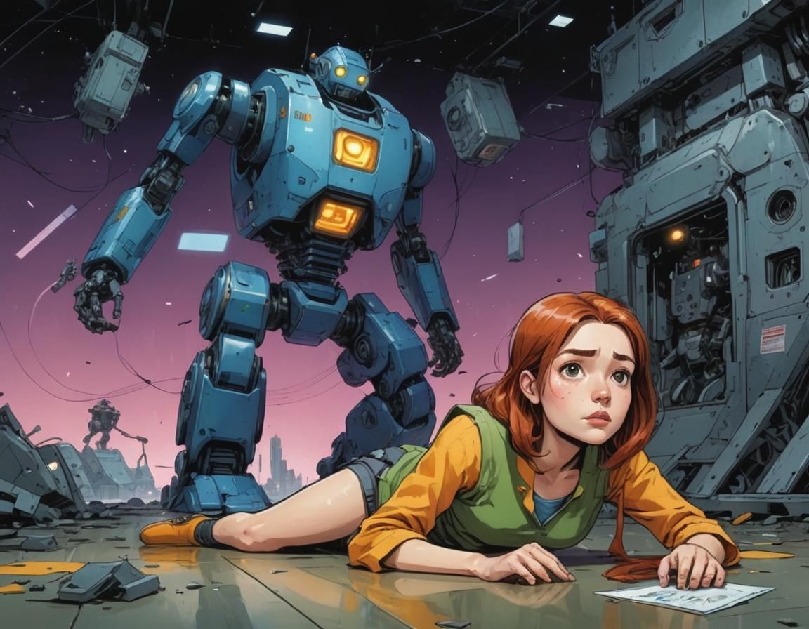 Woman and Robot in Hyperdetailed Comic Art