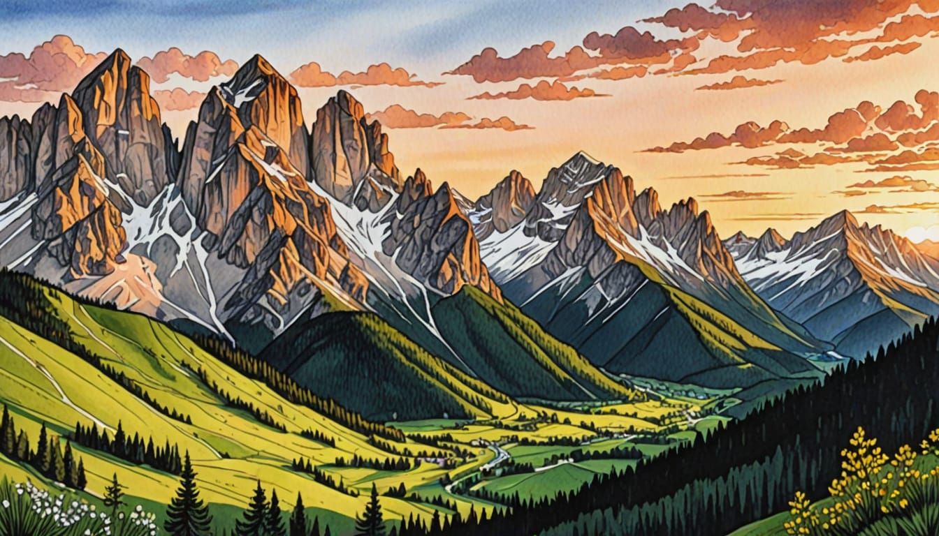 Dolomite Mountains at Sunset with Vibrant Color