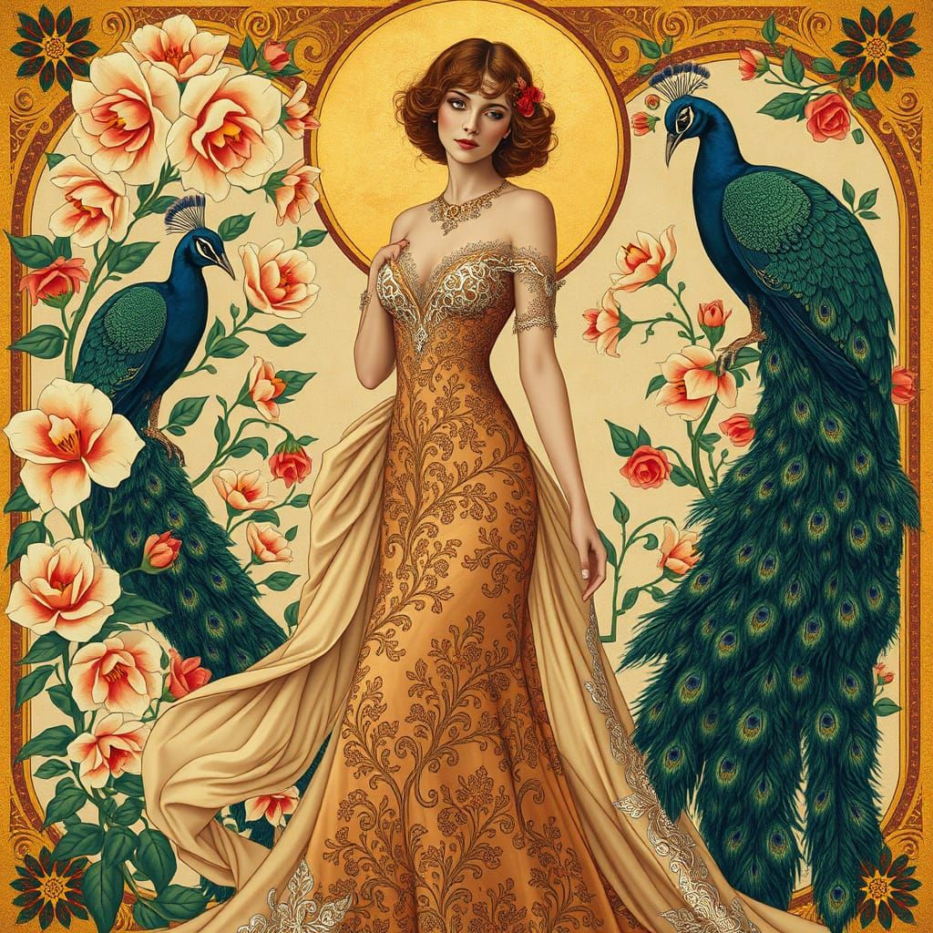Elegant Lady in Fresco Style with Peacocks