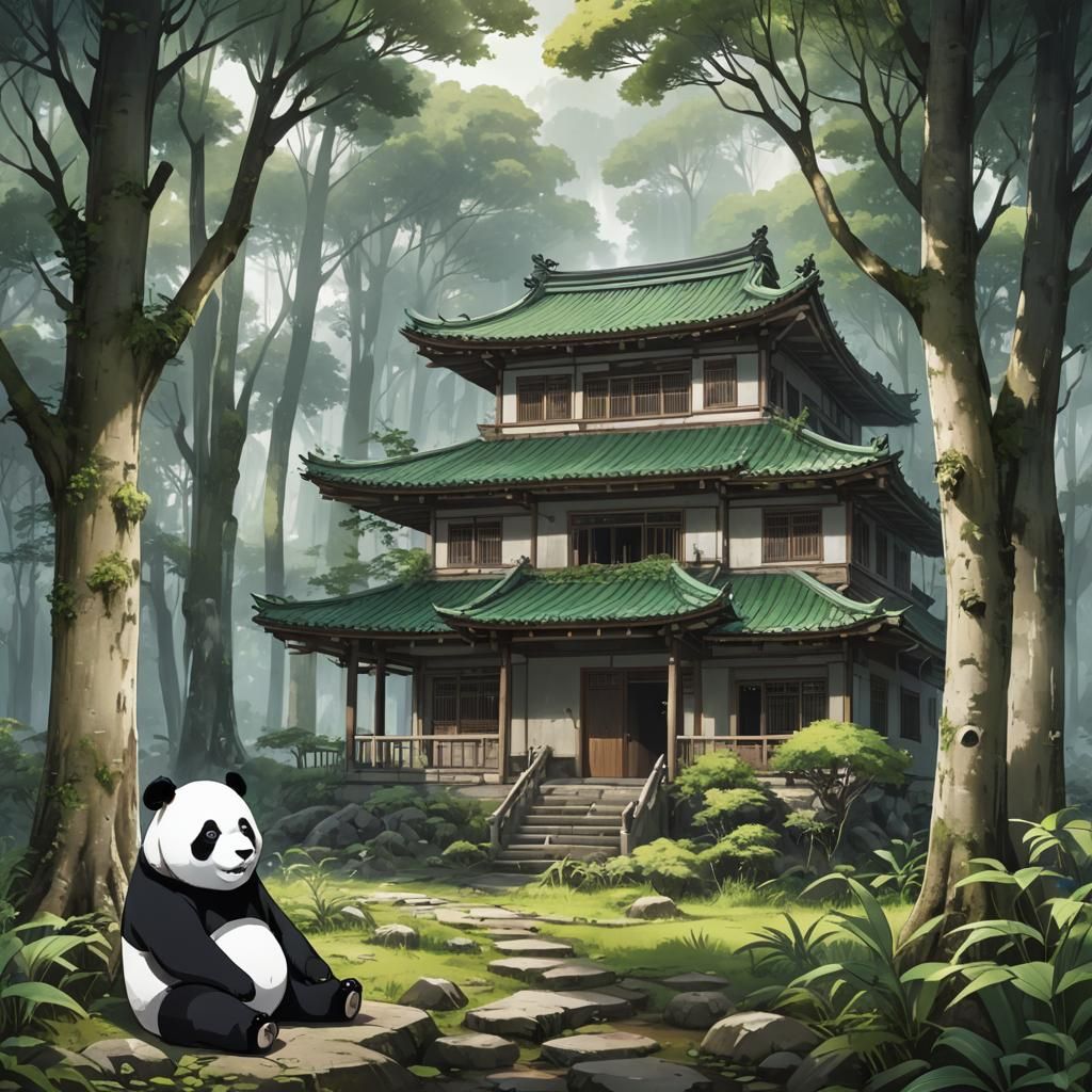 Meditating Panda in Abandoned House, Anime Style