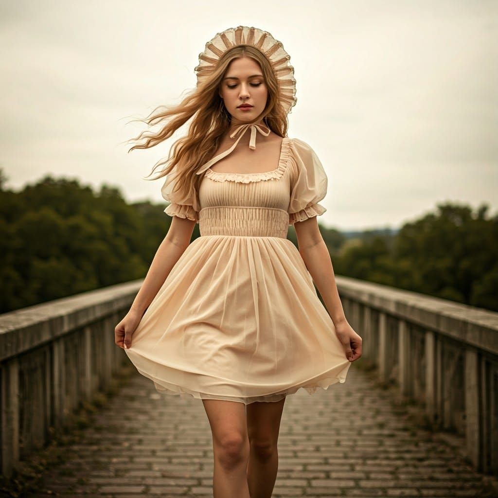 Blonde Youth in Tulle Dress on Stone Bridge