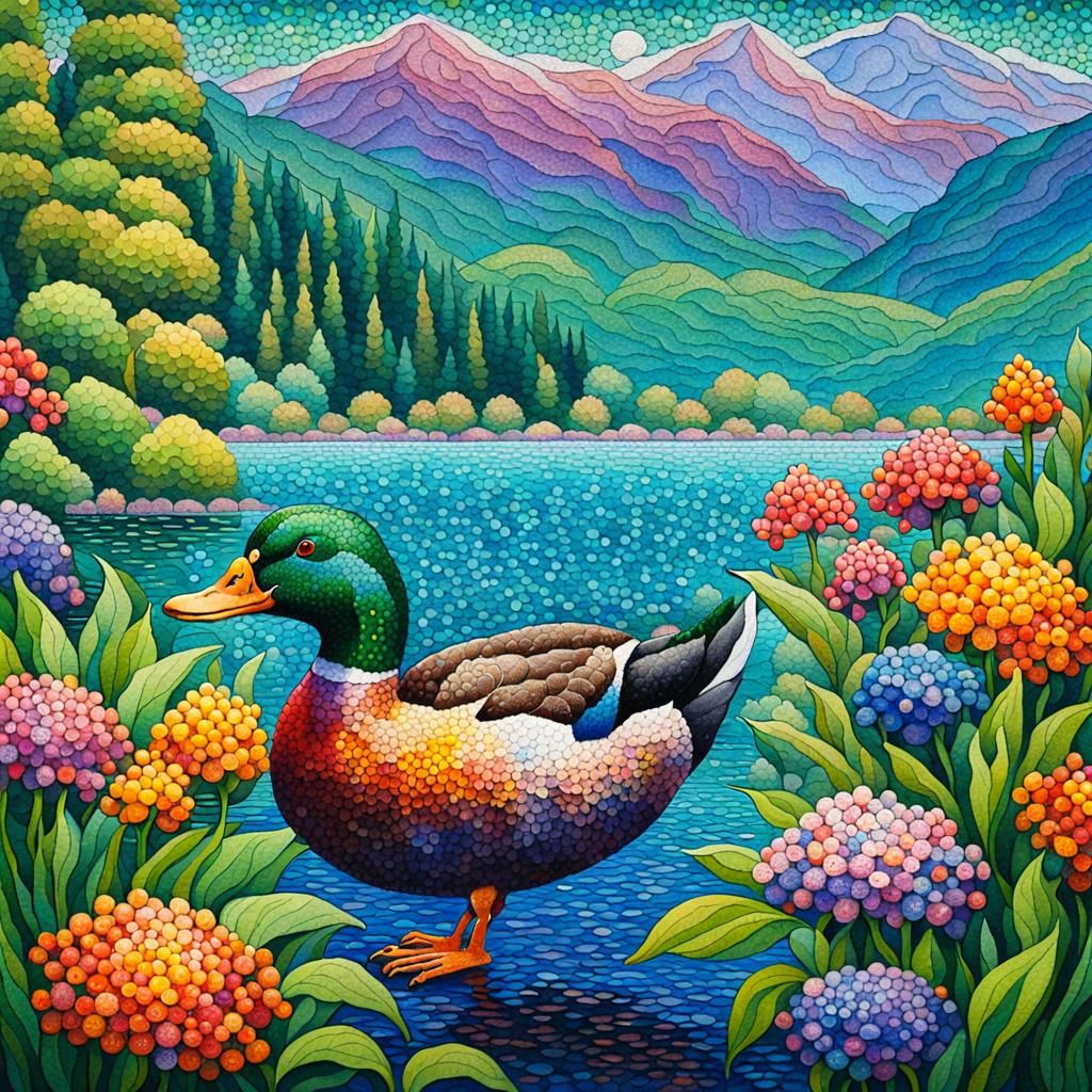 Pointillist Duck in Lush Landscape, Dreamlike Art