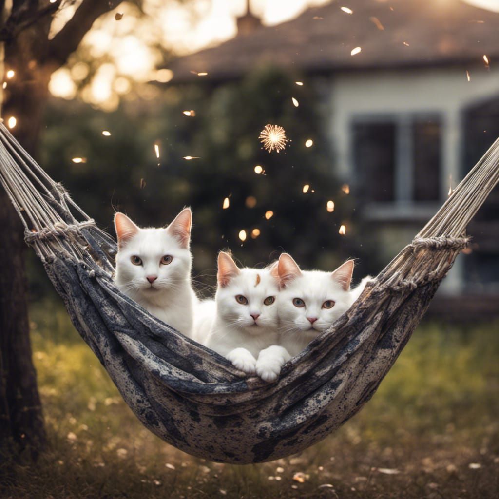 Hyperrealistic White Cats in Hammock Under Fireworks