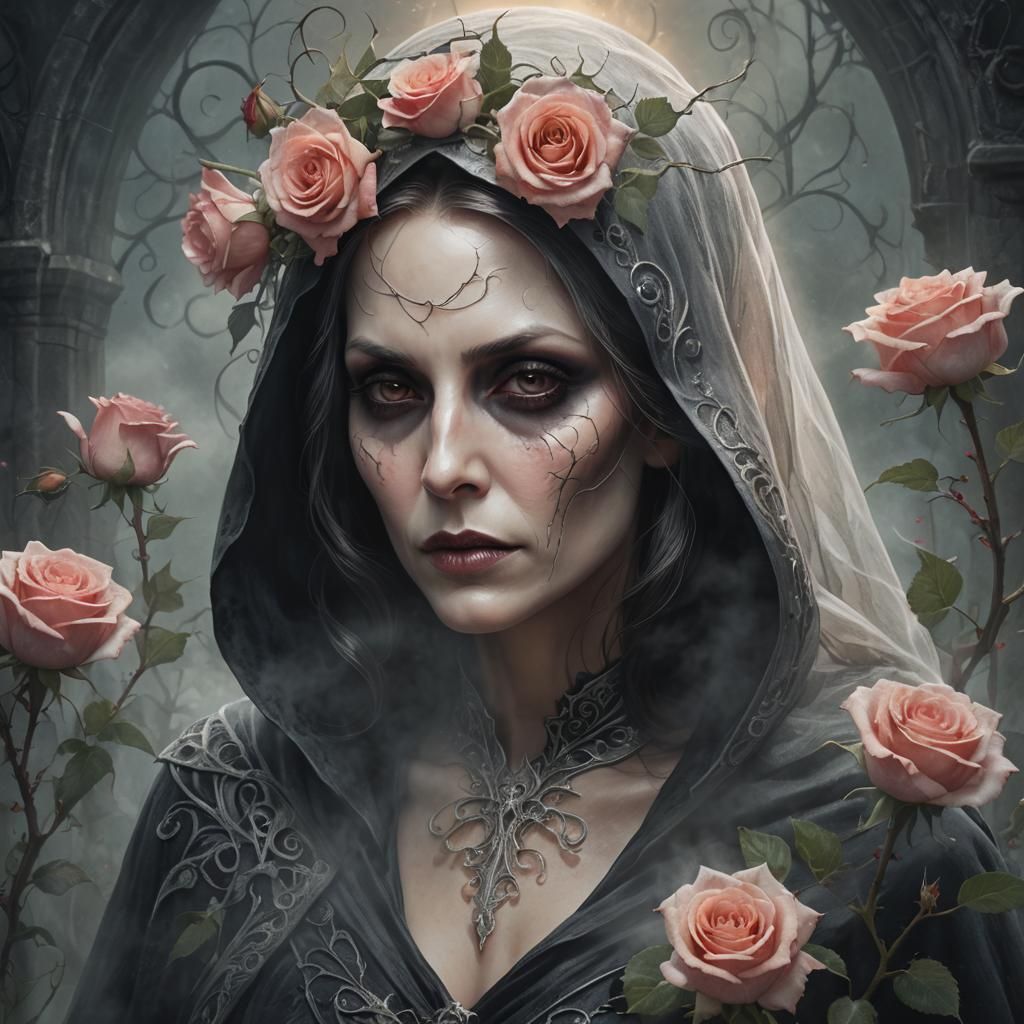 Grim Reaper Gazes at Rose in Ethereal Light