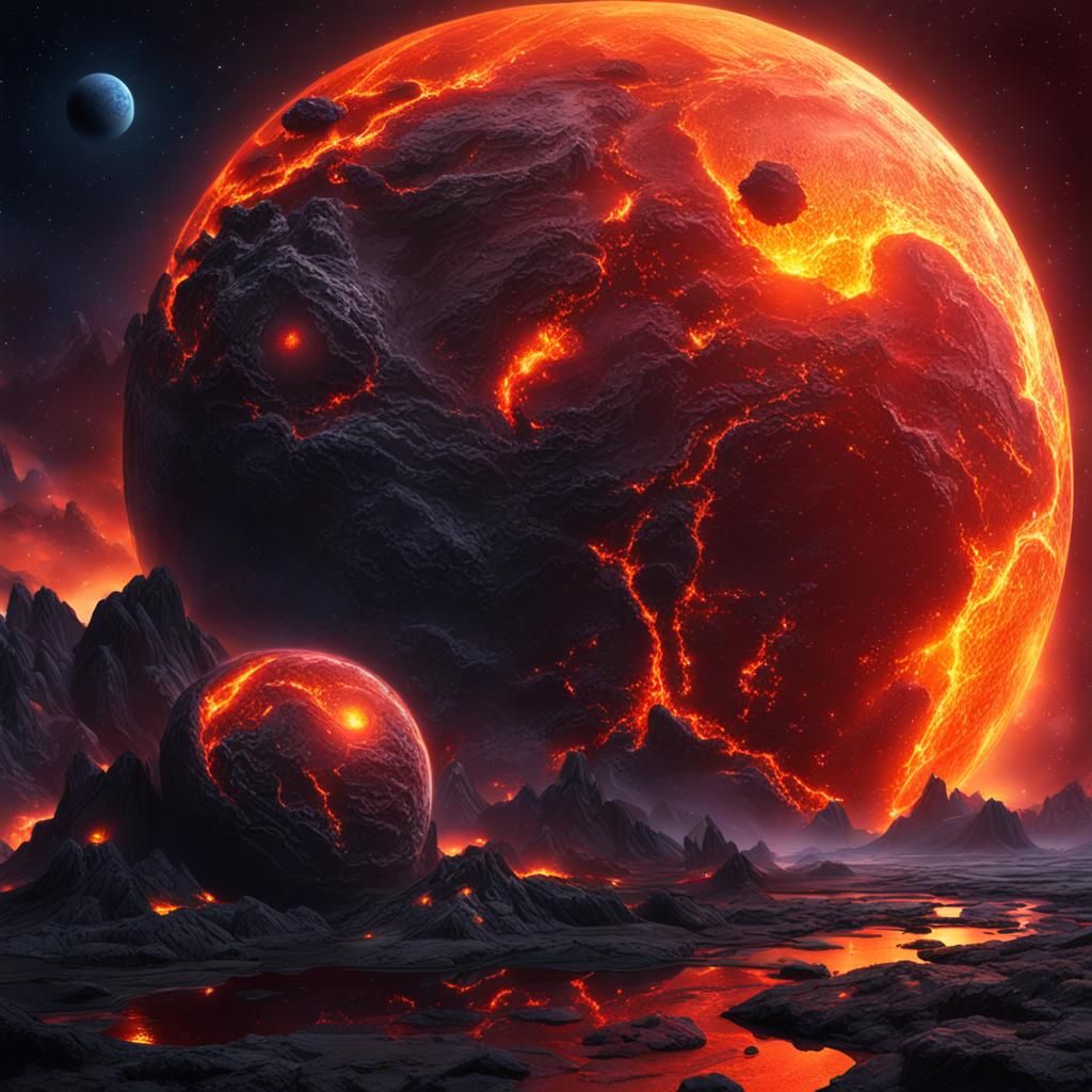 Hyperrealistic Lava Planet with Moons at Night