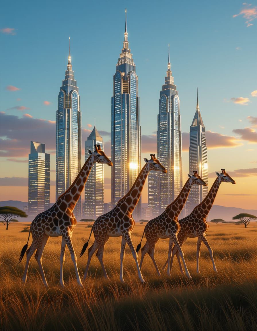 Art Deco Giraffe Skyscrapers on Savannah