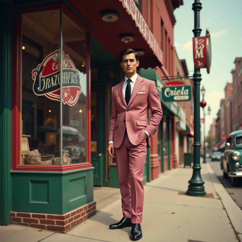 1950s Gingham Man in Retro Cityscape