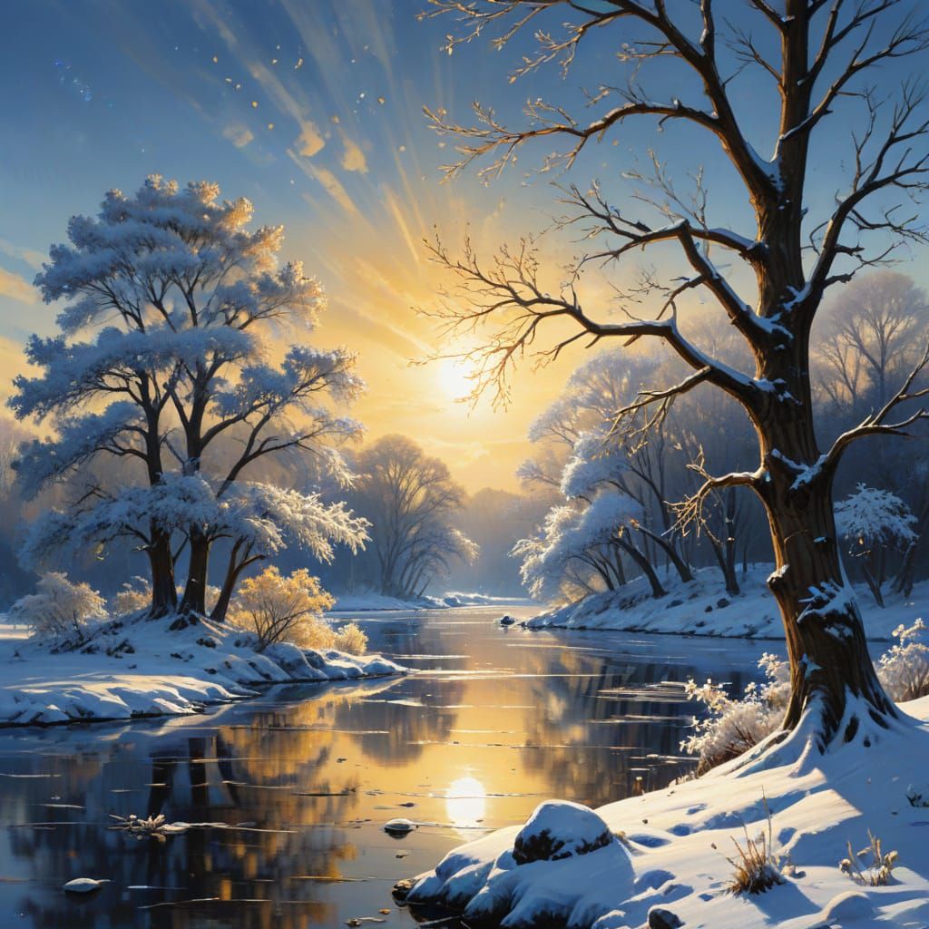 Majestic Winter Landscape with Golden Light as Oil Painting