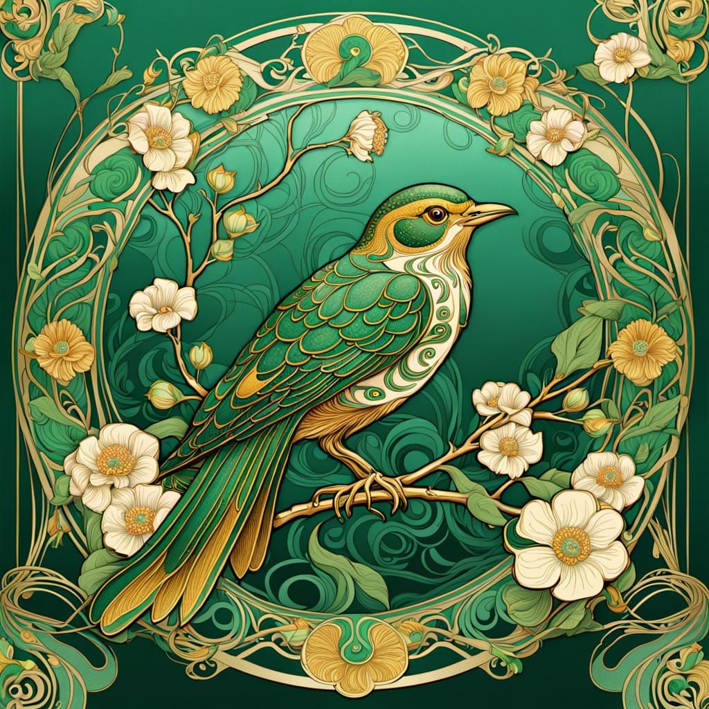 Art Nouveau Zosterops Bird with Flowers