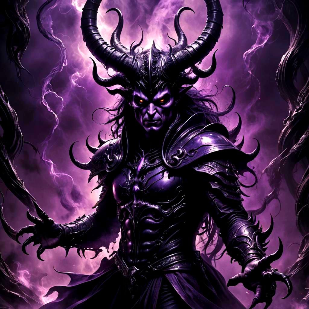 Mystical Villain with Black Horns and Purple Light
