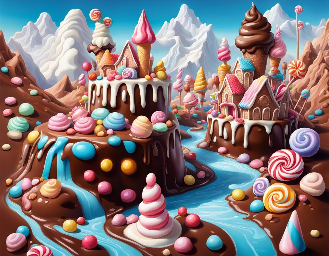 Chocolate Candy Wonderland Landscape: Hyperrealistic Digital...