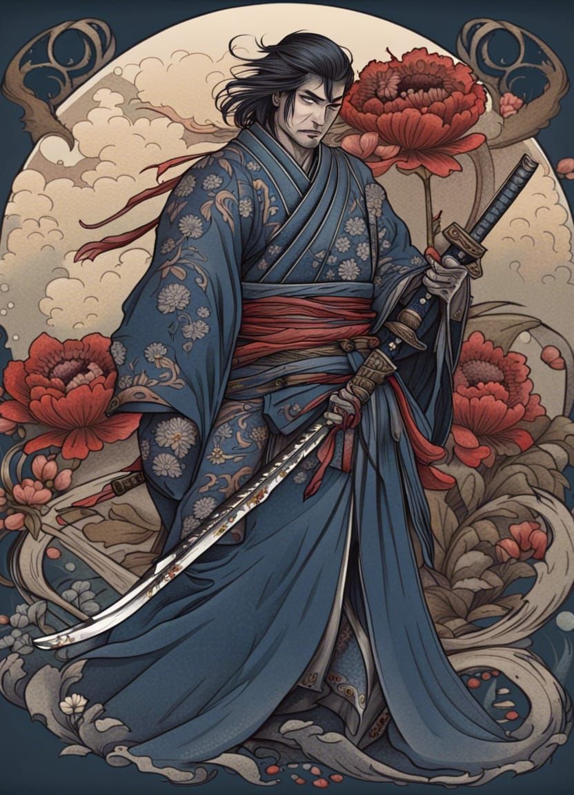 Art Nouveau Flower Samurai in Dark Fantasy Style