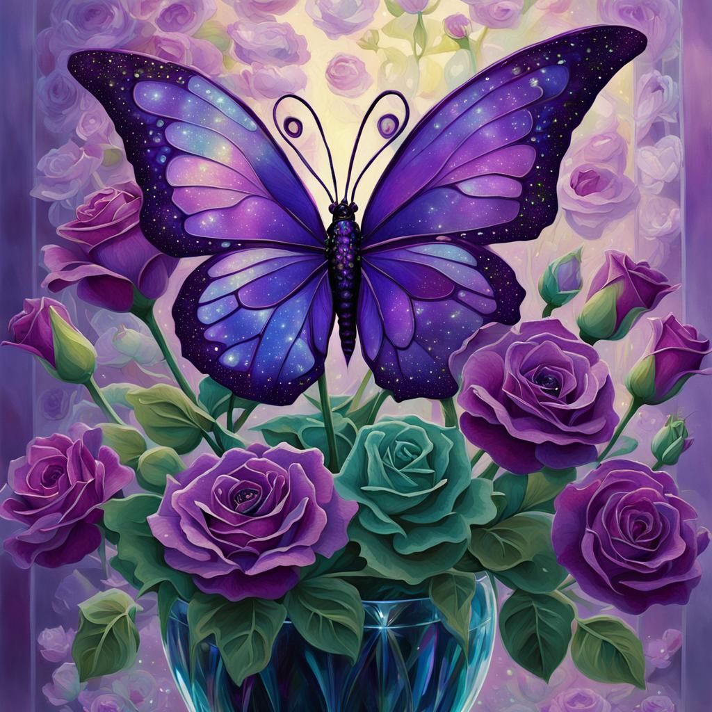 Purple Butterfly on Green Roses in Crystal Vase