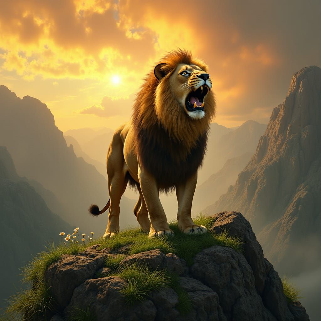 Majestic Lion Roaring on Mountain Peak