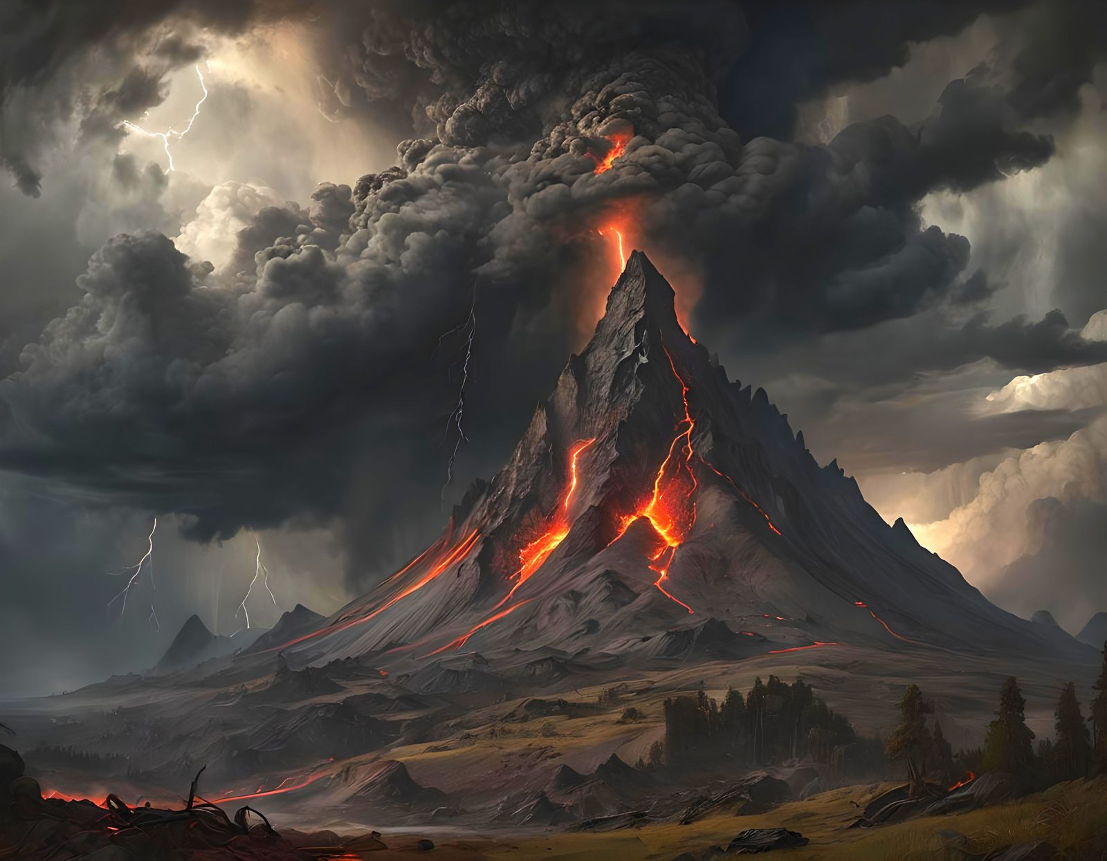 Volcanic Eruption Under Stormy Sky in Romanticism Style