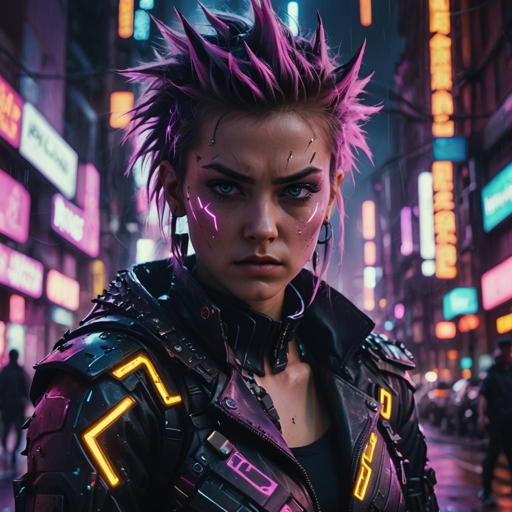 Cyberpunk Error Babe in Neon Cityscape