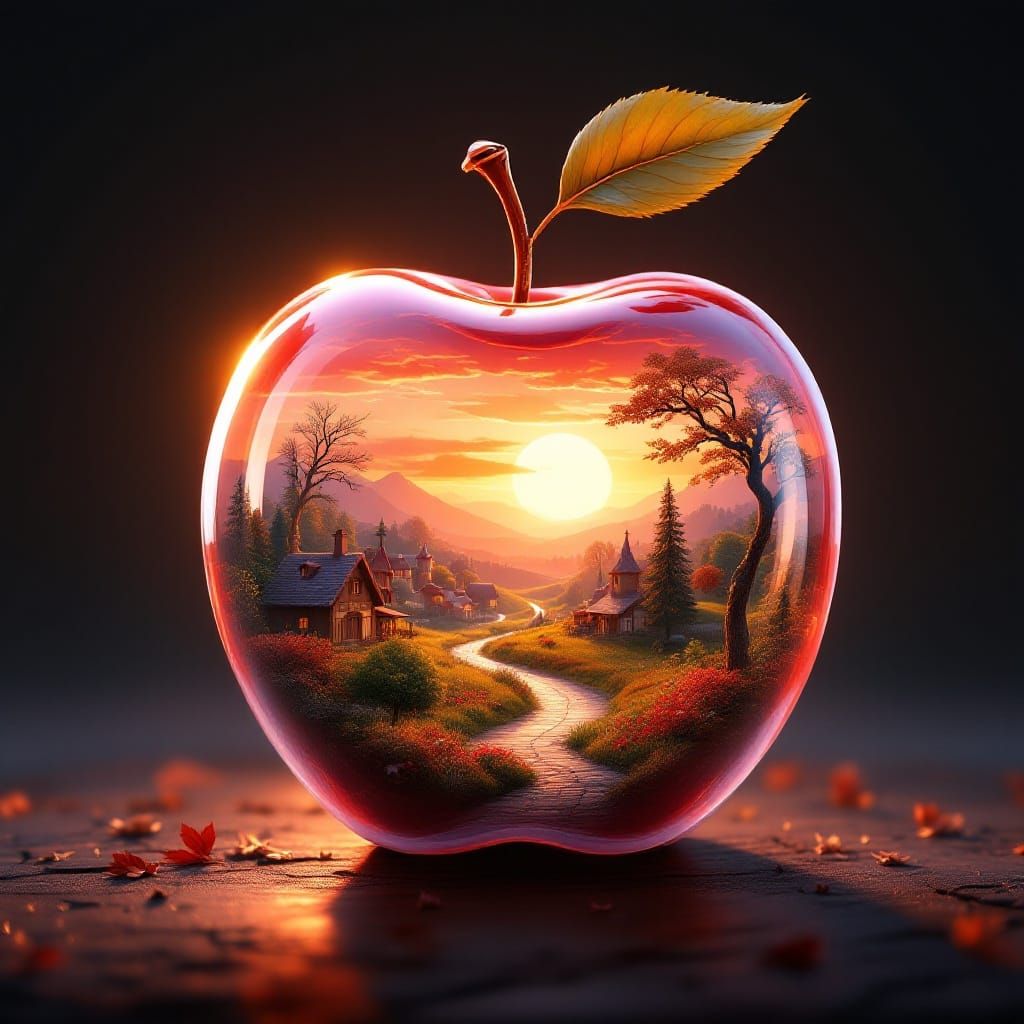 Whimsical Village in a Golden Apple