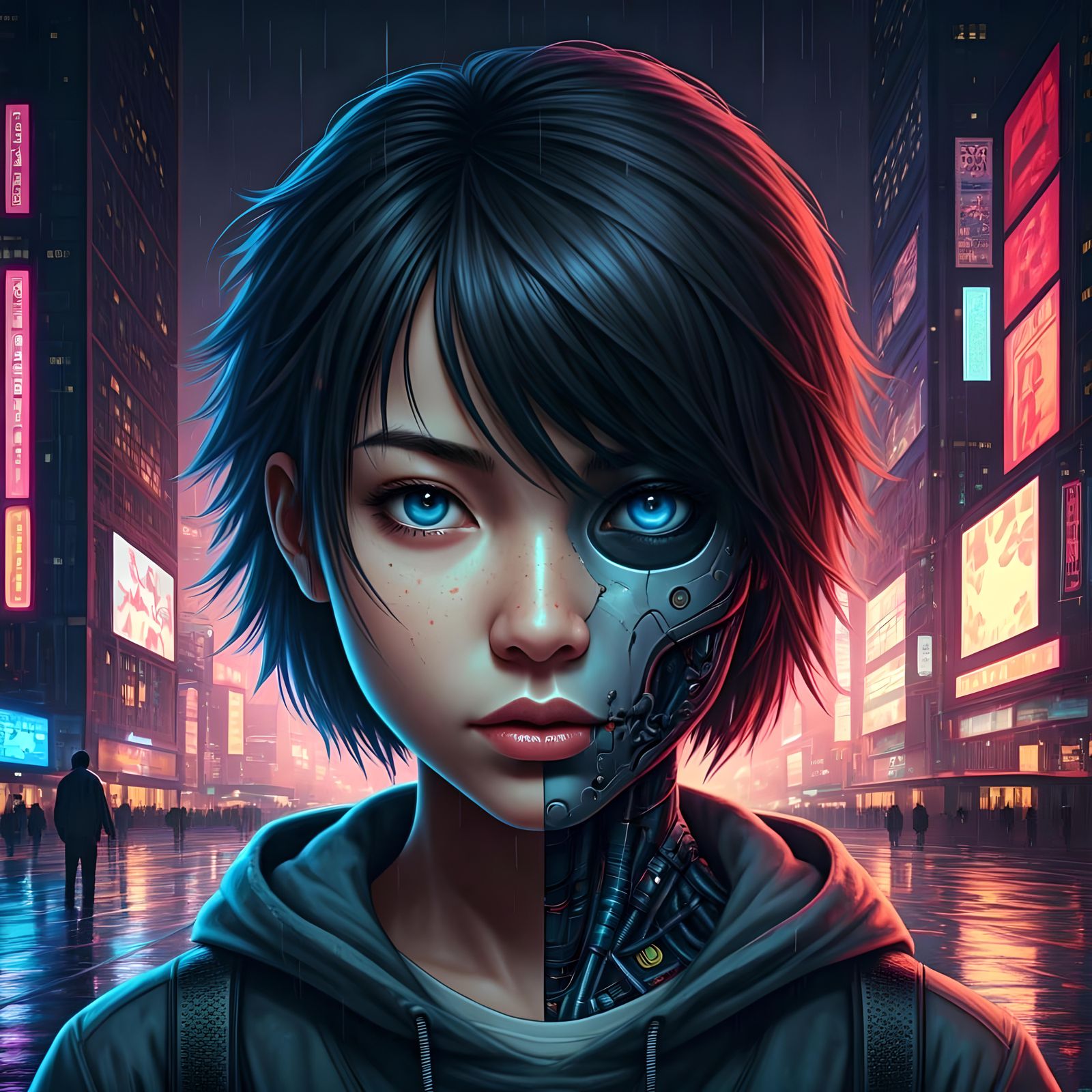 Cyberpunk Cyborg Girl in Neon Lights