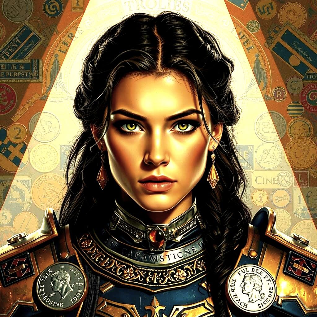 Powerful Woman Portrait with Coin Armor in Hyperrealistic St...