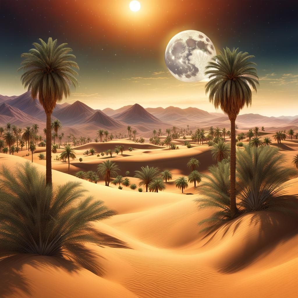 Tranquil Oasis Under Moonlight: Digital Matte Painting