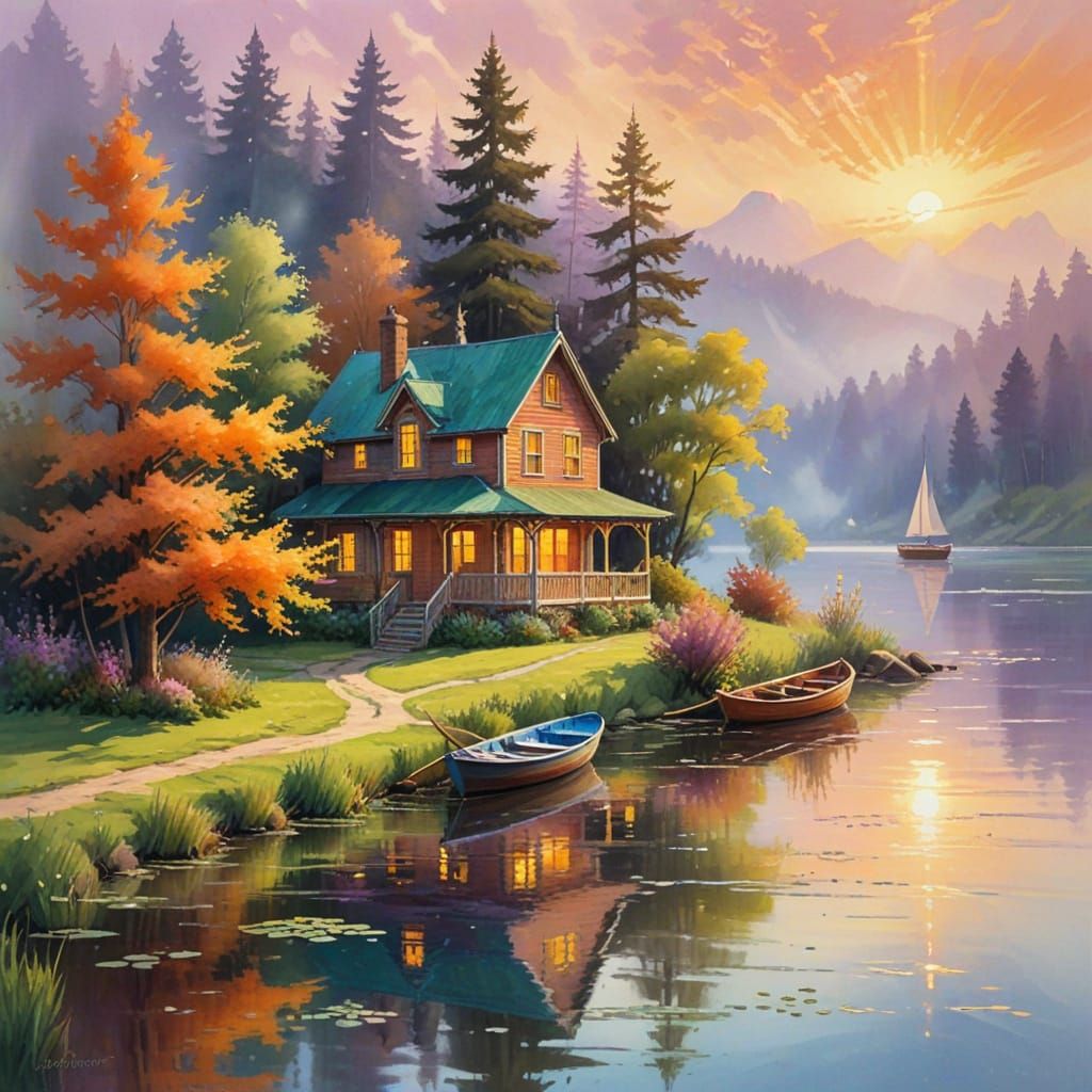 Dreamy Impressionist Lake Scene with Whimsical House and Sof...