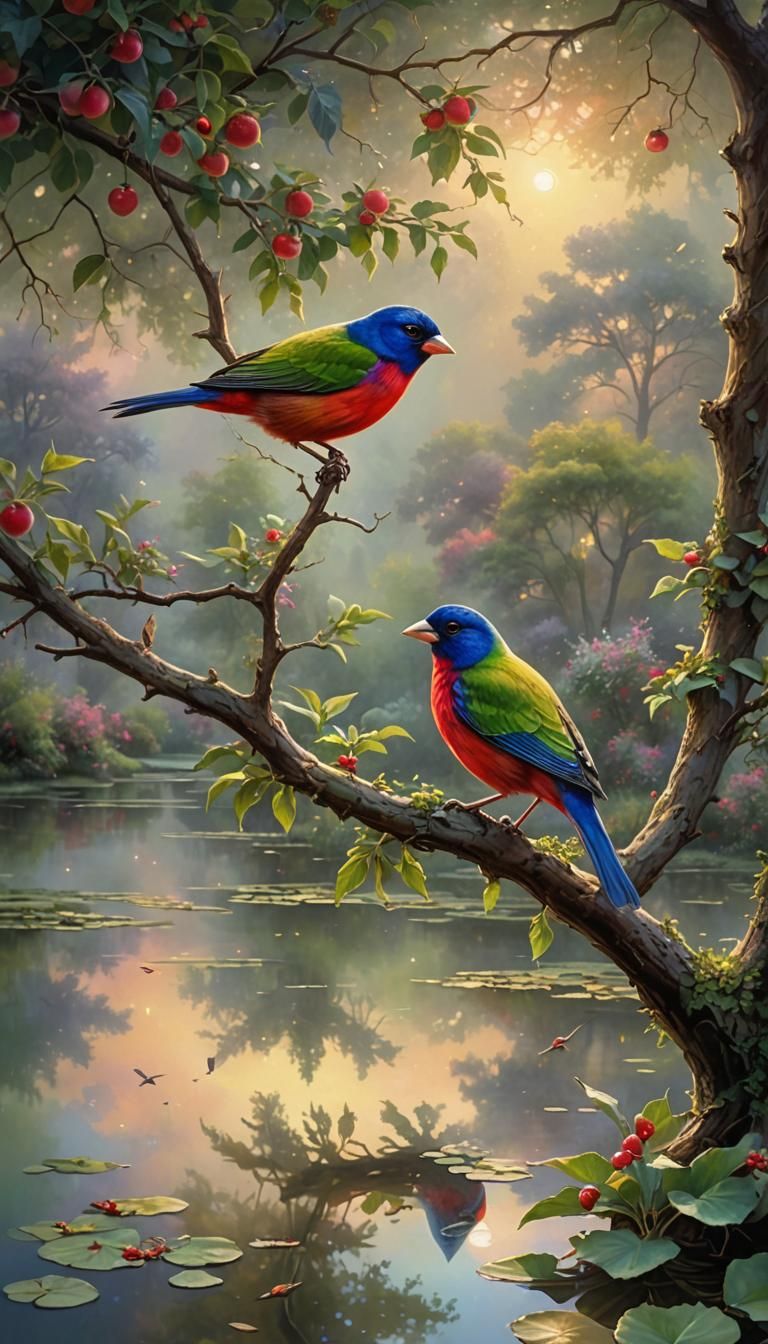 Painted Bunting in Pond at Sunrise: Kinkade Style