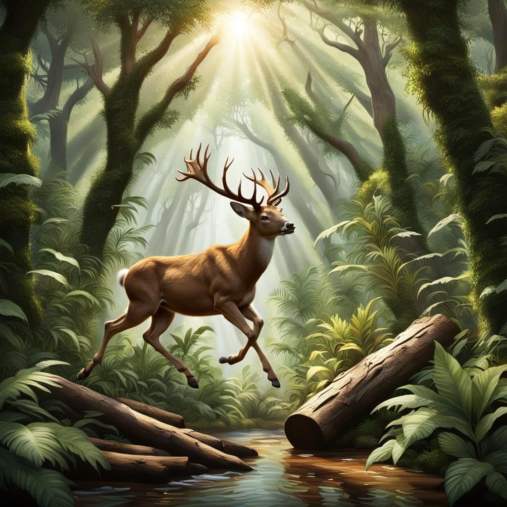 Dynamic Deer Races Through Jungle: 3D Digital Art