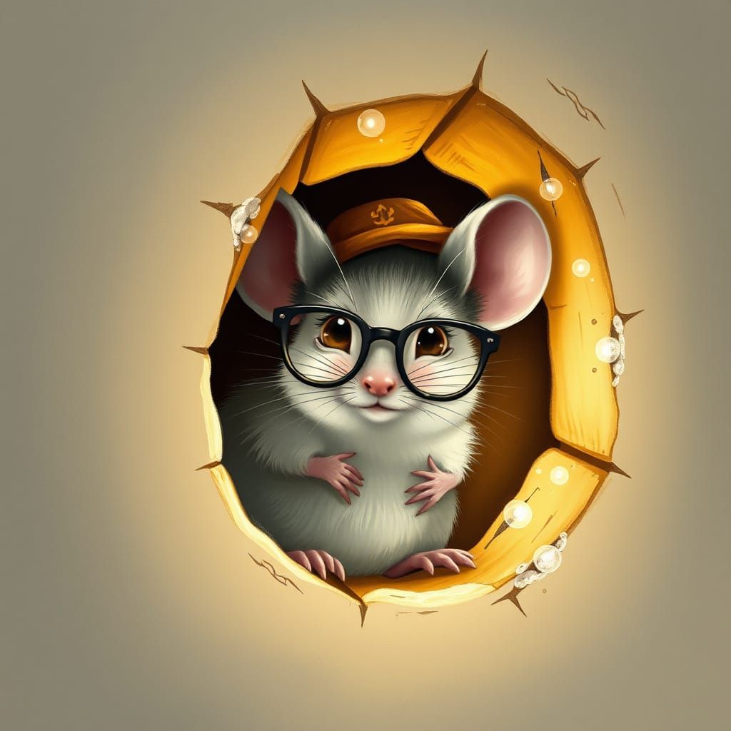 Shy Mouse Peeking Out, Storybook Illustration