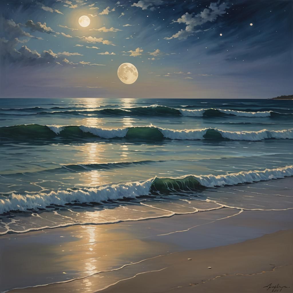 Moonlit Beach Dance: Iridescent Sea Creatures at Night