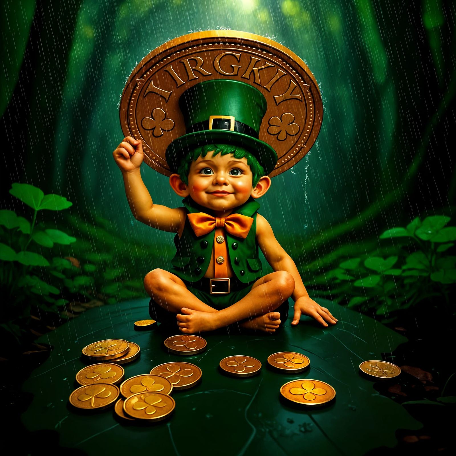 Leprechaun Infant Shelters from Rain Under Gold Coin