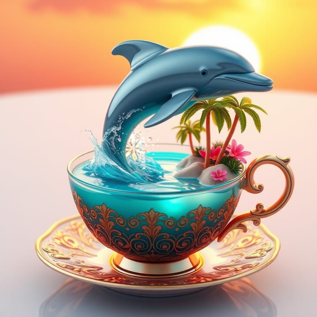 Dolphin Leaps from Teacup Ocean: 3D Fantasy Art