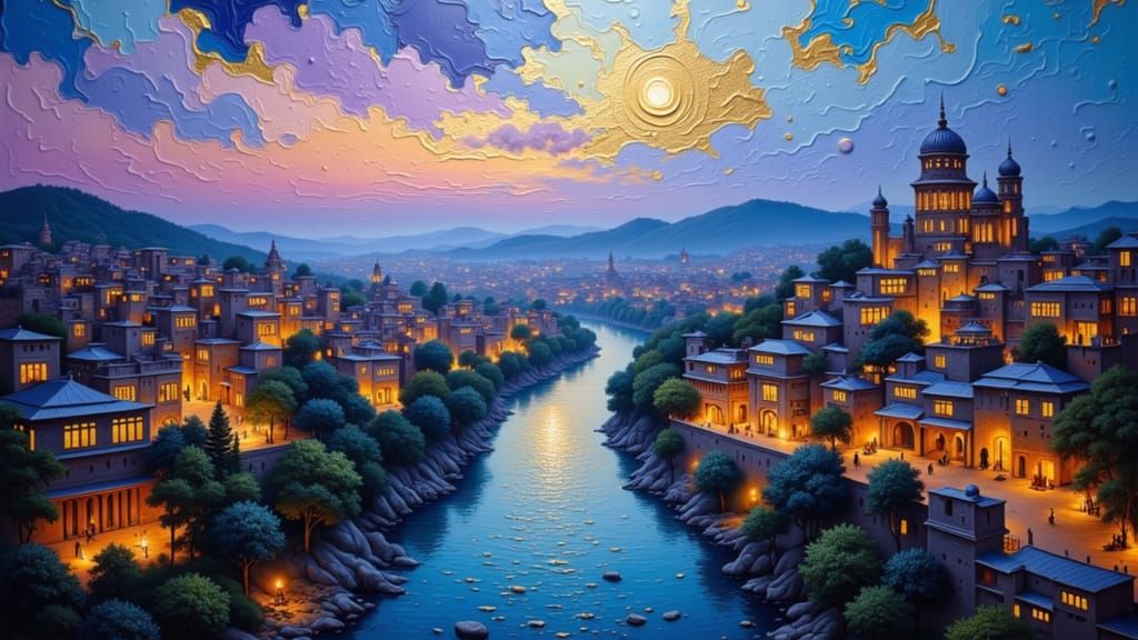 Medieval Indian Cityscape Painting at Twilight