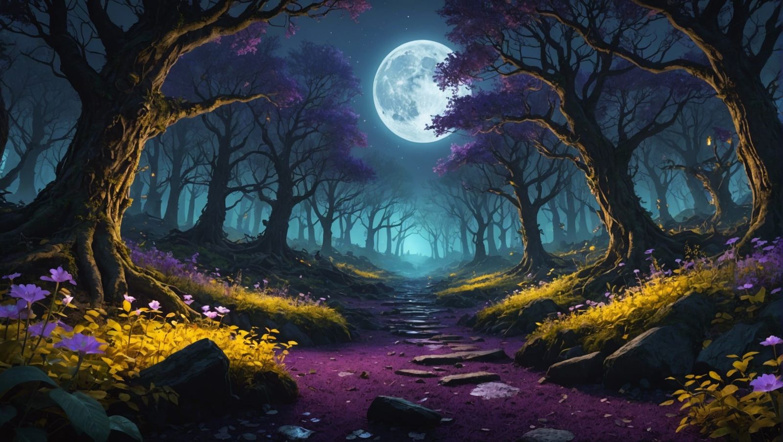 Bioluminescent Fantasy Forest Under Moonlight
