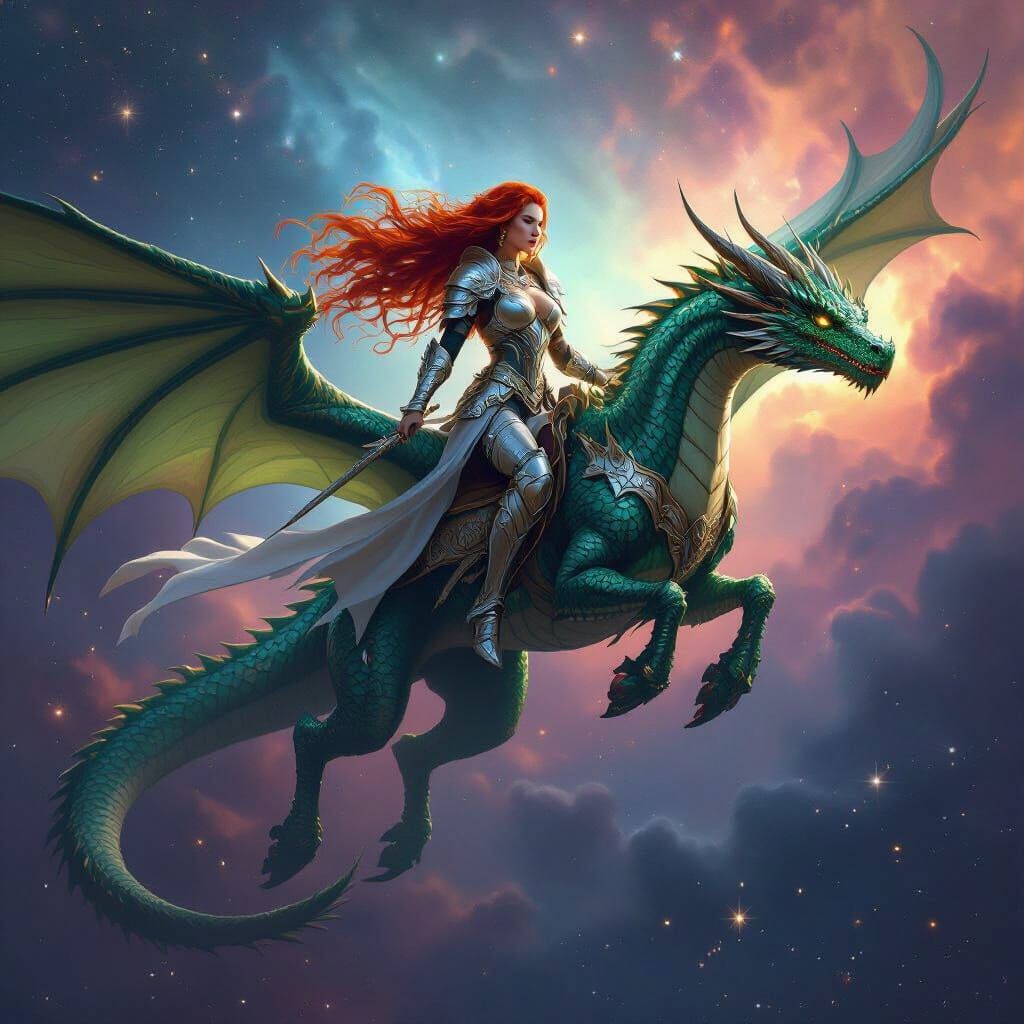 Crimson Warrior Rides Emerald Dragon Through Cosmic Nebula